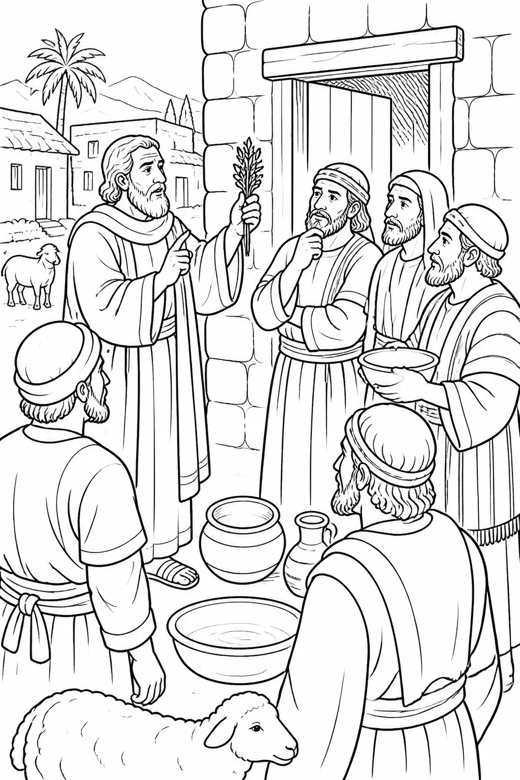 Moses instructs Israelite elders near their homes about using hyssop, basins, Passover animals, and marked doorways.