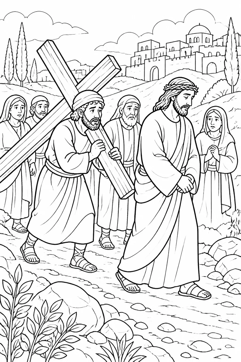 Jesus walking ahead of Simon of Cyrene as Simon carries the cross behind him on the road from Jerusalem, shown symbolically and without graphic details.