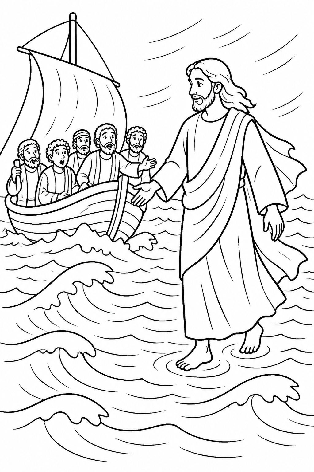 Jesus Comes Across the Sea from Jesus Walks on Water Bible coloring page