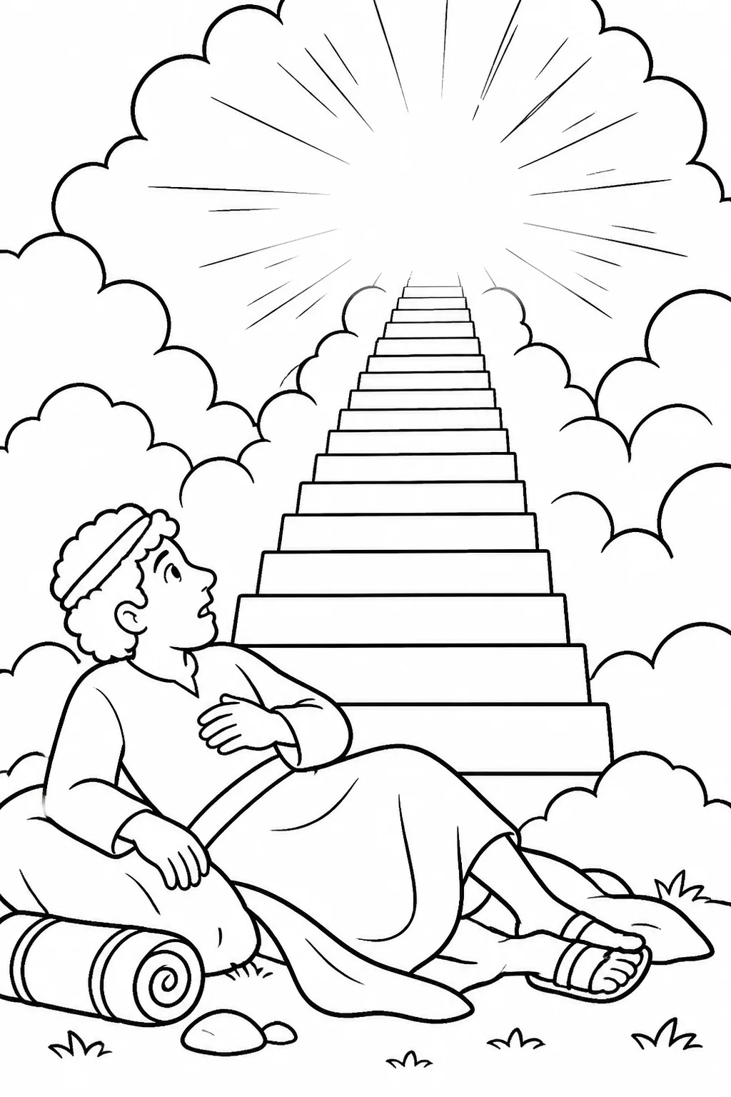 Jacob’s dream of a stairway reaching heaven, angels moving on it, and the LORD’s respectful, non-specific presence above, based on Genesis 28:10-15.