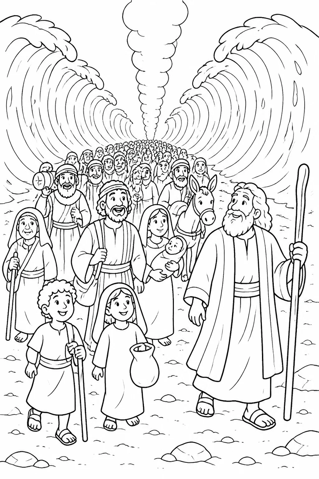 The Israelites crossing the Red Sea on dry ground between walls of water, with Moses and the pillar of cloud present.