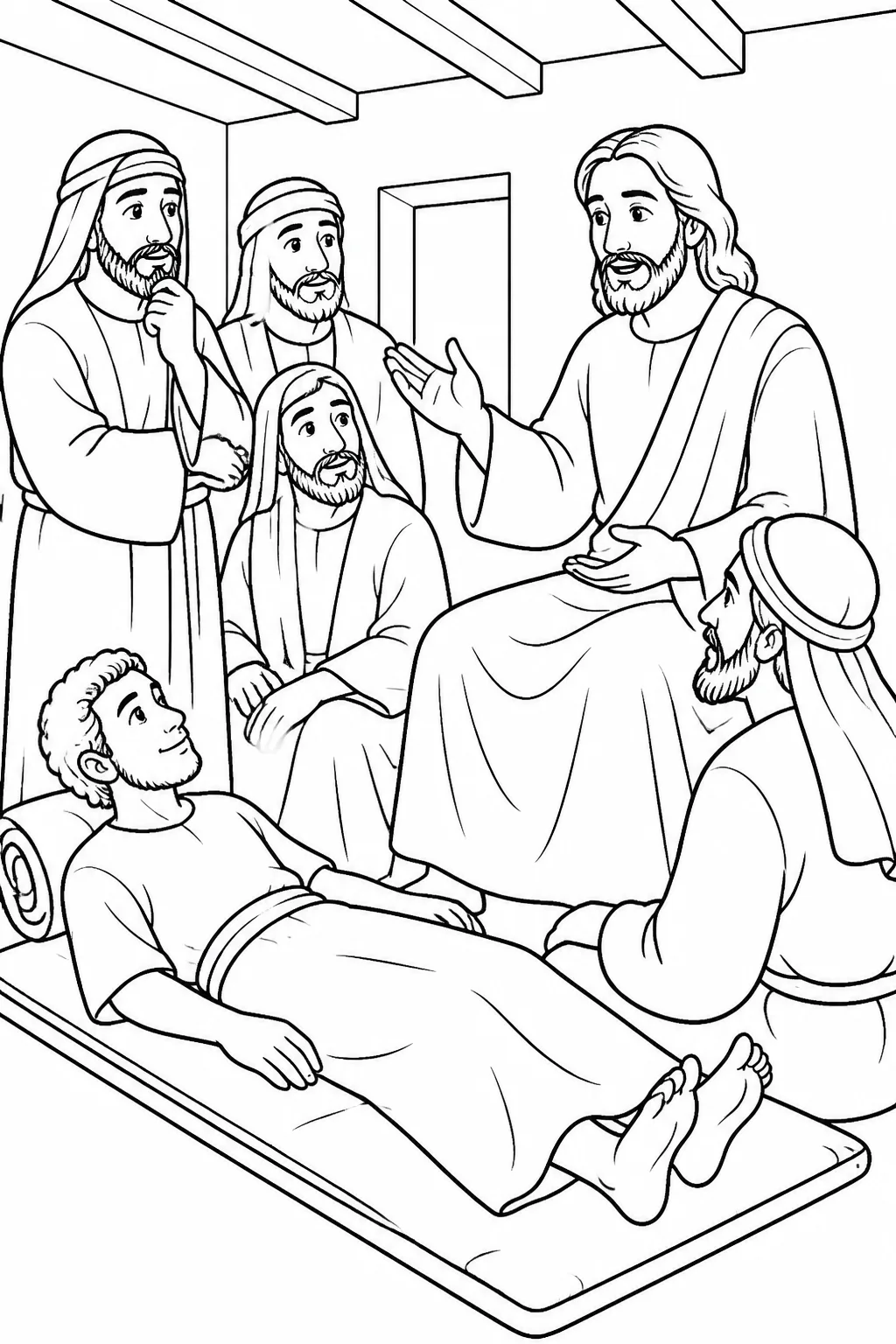 Jesus addresses scribes in a house while a paralyzed man remains nearby on his mat, representing Mark 2:8-10.