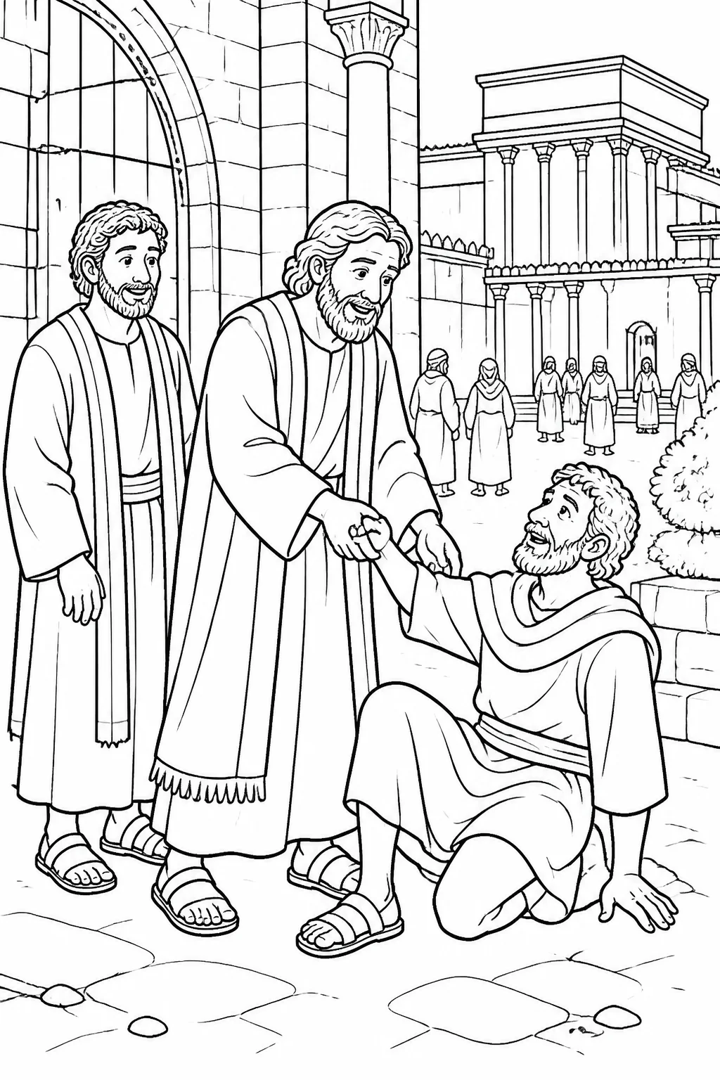 Peter raises a man unable to walk from birth by the right hand at the Beautiful Gate of the temple while John stands nearby.