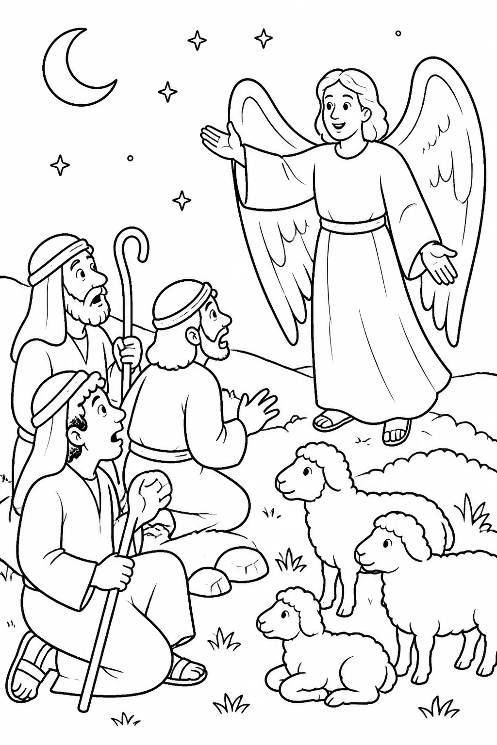 Shepherds guard their flock at night in the fields as an angel of the Lord appears and announces the joyful news of the Savior’s birth.