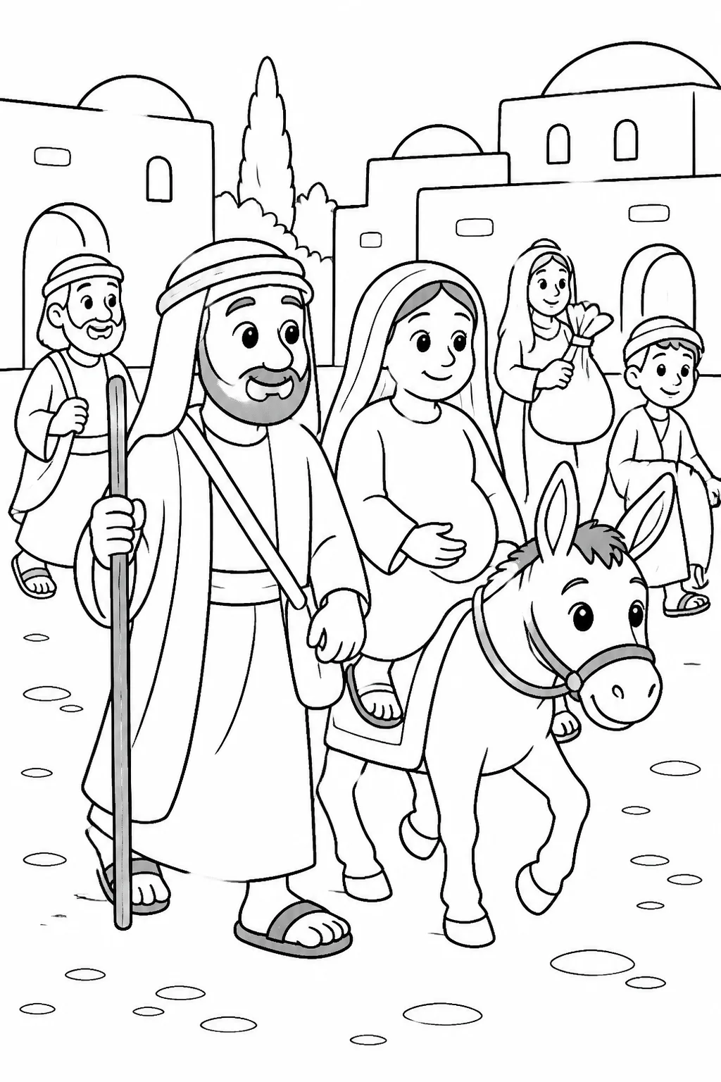 Joseph and other indistinct townspeople traveling to a town to register under the order of Caesar Augustus, with a simple record-keeping cue.