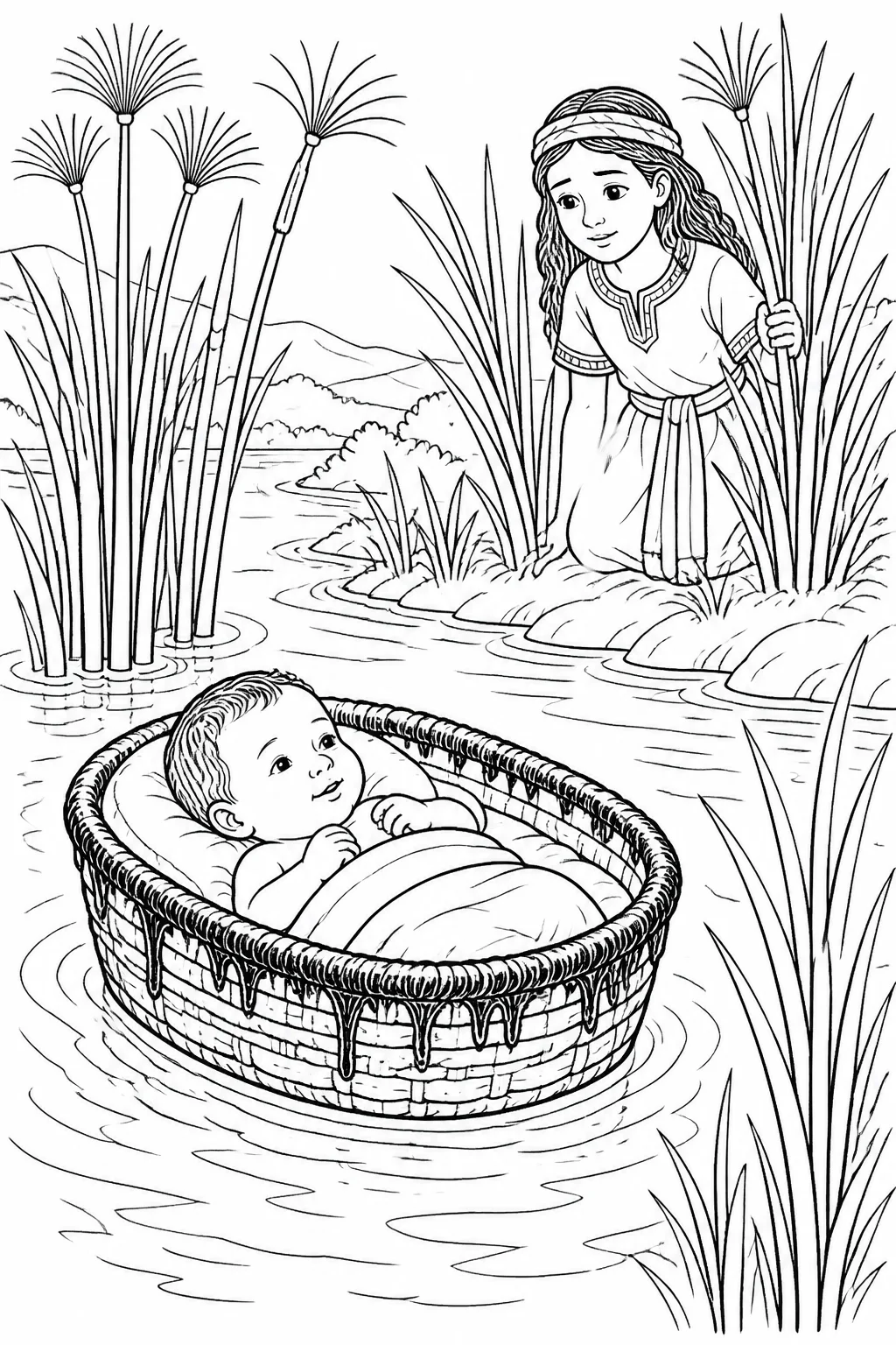 Baby Moses resting in a papyrus basket coated with bitumen and pitch among the reeds beside the Nile while his sister watches from a distance.
