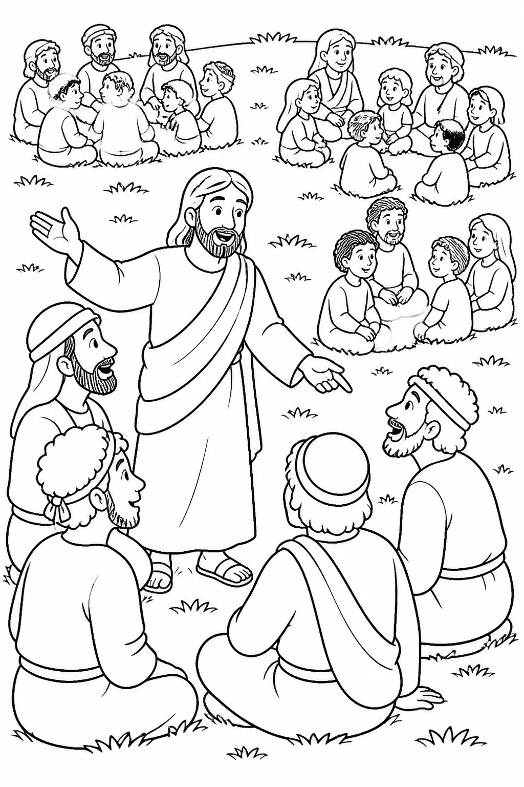 Jesus and the disciples help a crowd sit in organized groups on green grass, as described in Mark 6:39–40.