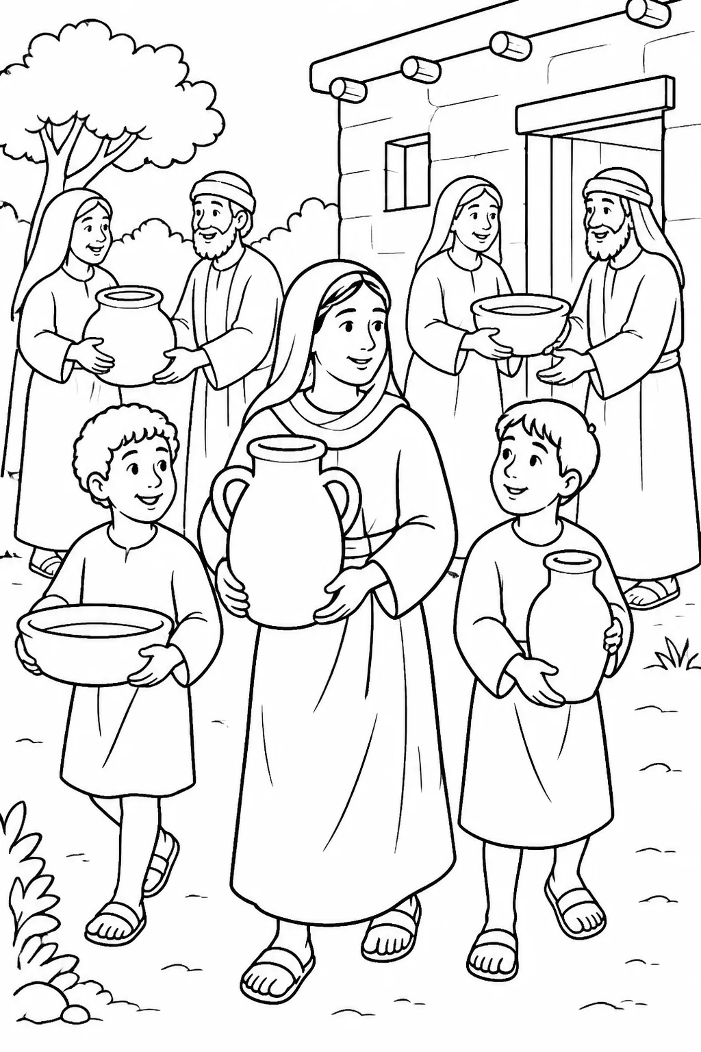 The unnamed widow and her two sons carry empty containers borrowed from several neighbors toward their home, preparing to follow Elisha’s instruction.
