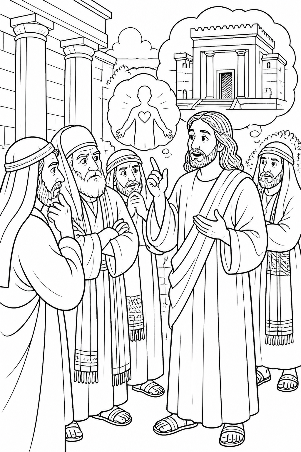 Jesus Explains the Temple Sign from Jesus Cleanses the Temple Bible coloring page