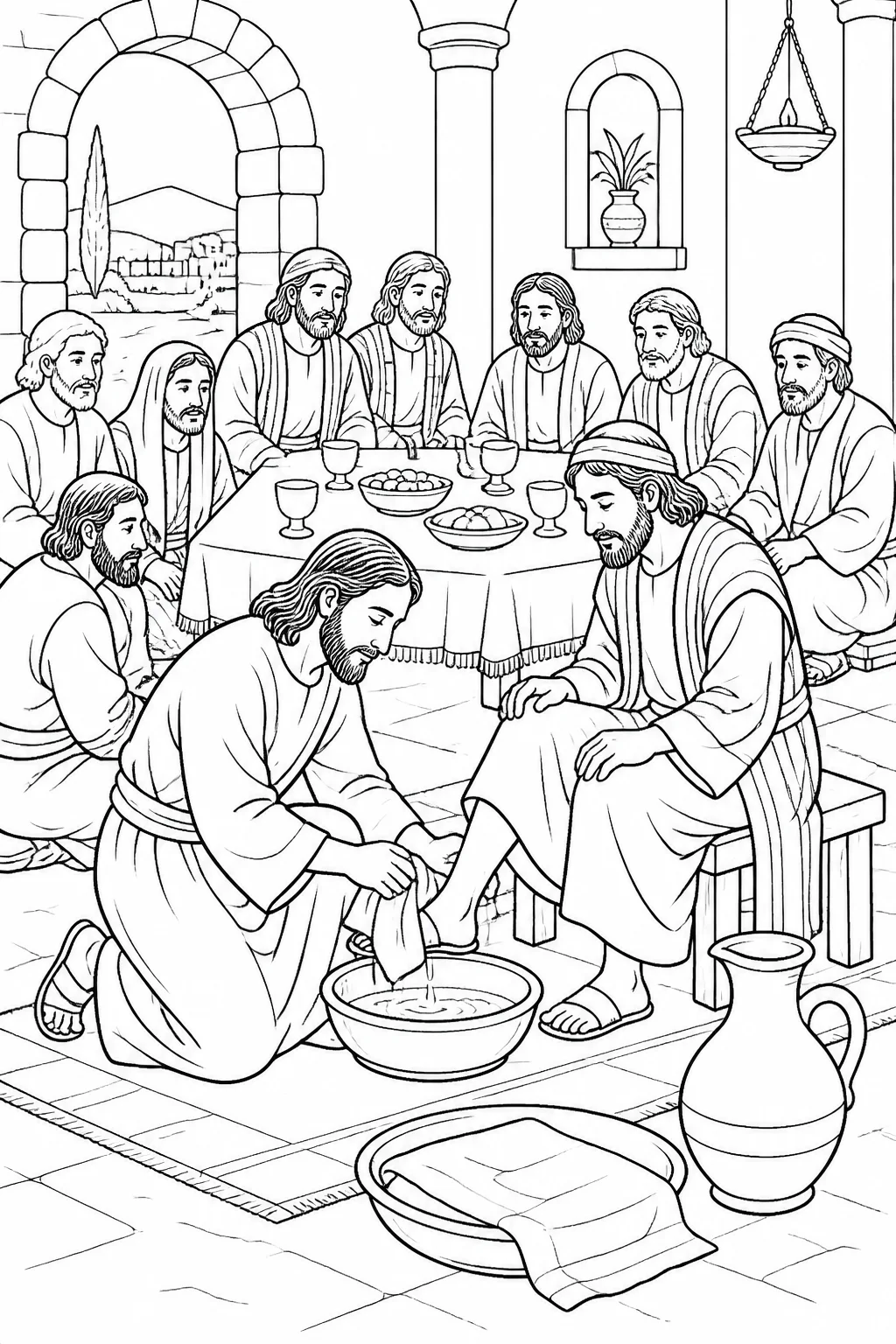 Jesus prepares to wash one disciple’s feet during a supper setting while other disciples wait nearby; a towel, basin, water, and outer garments are central.