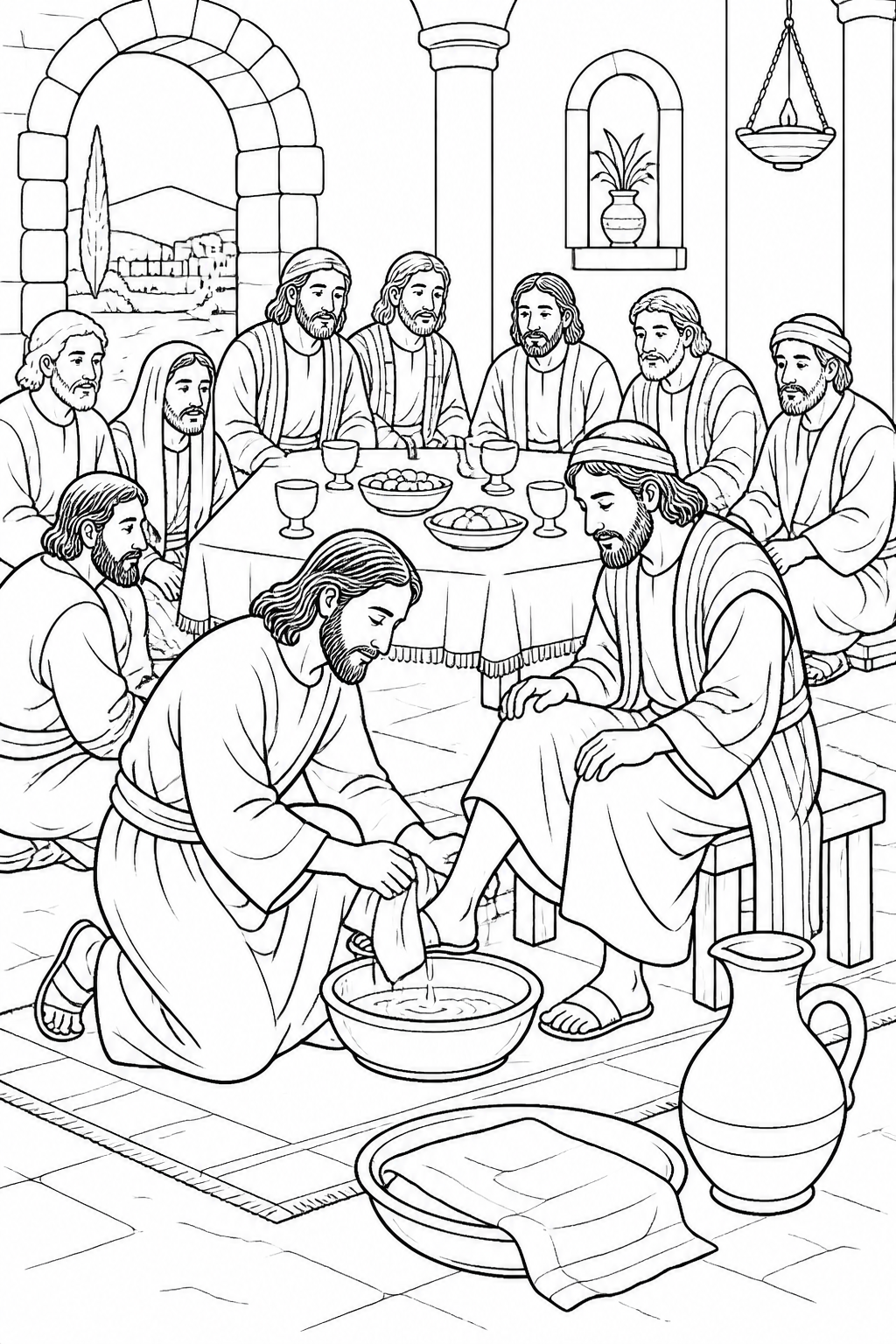 A Circle of Humble Service from Jesus Washes the Disciples’ Feet Bible coloring page