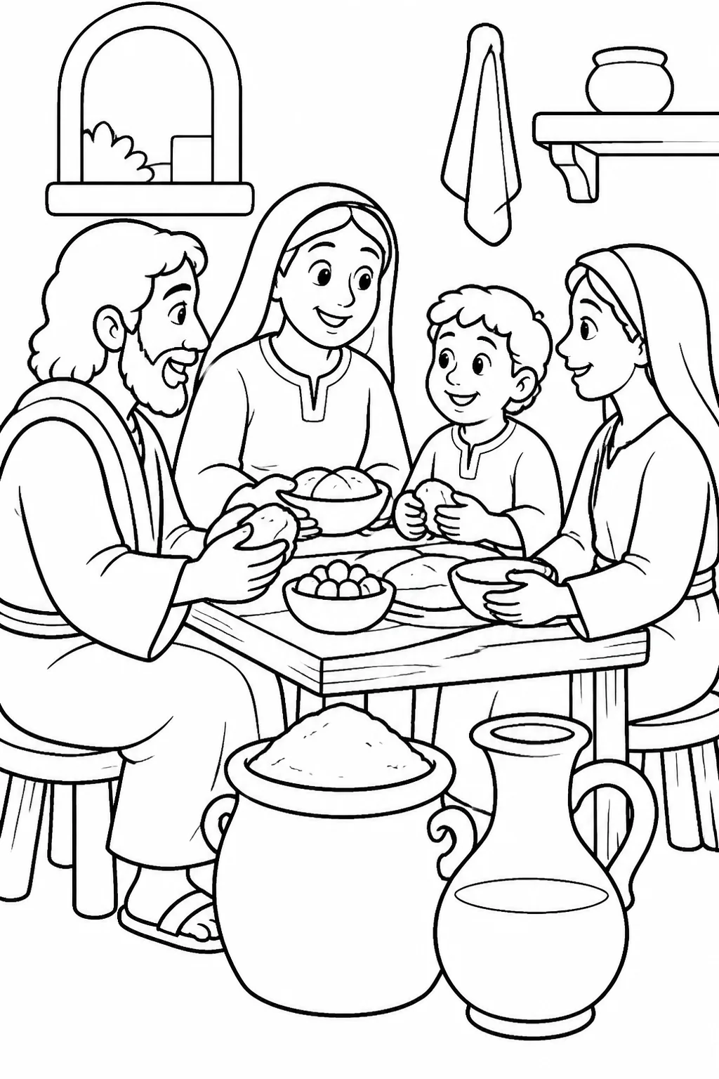 Elijah, the widow at Zarephath, her son, and the household share food while a jar of flour and jug of oil represent the LORD’s provision.