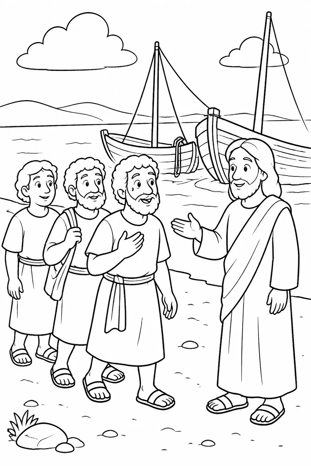 Jesus reassures Simon Peter as Simon Peter, James, and John bring two boats to shore and follow Jesus.