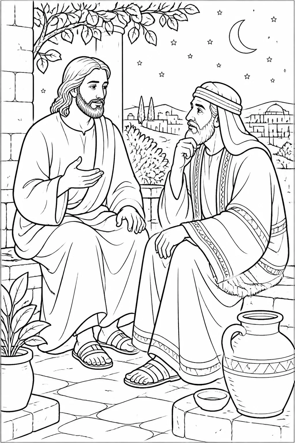 Jesus and Nicodemus in a quiet nighttime teaching conversation, with Nicodemus asking how Jesus’ teaching about earthly and heavenly things can happen.