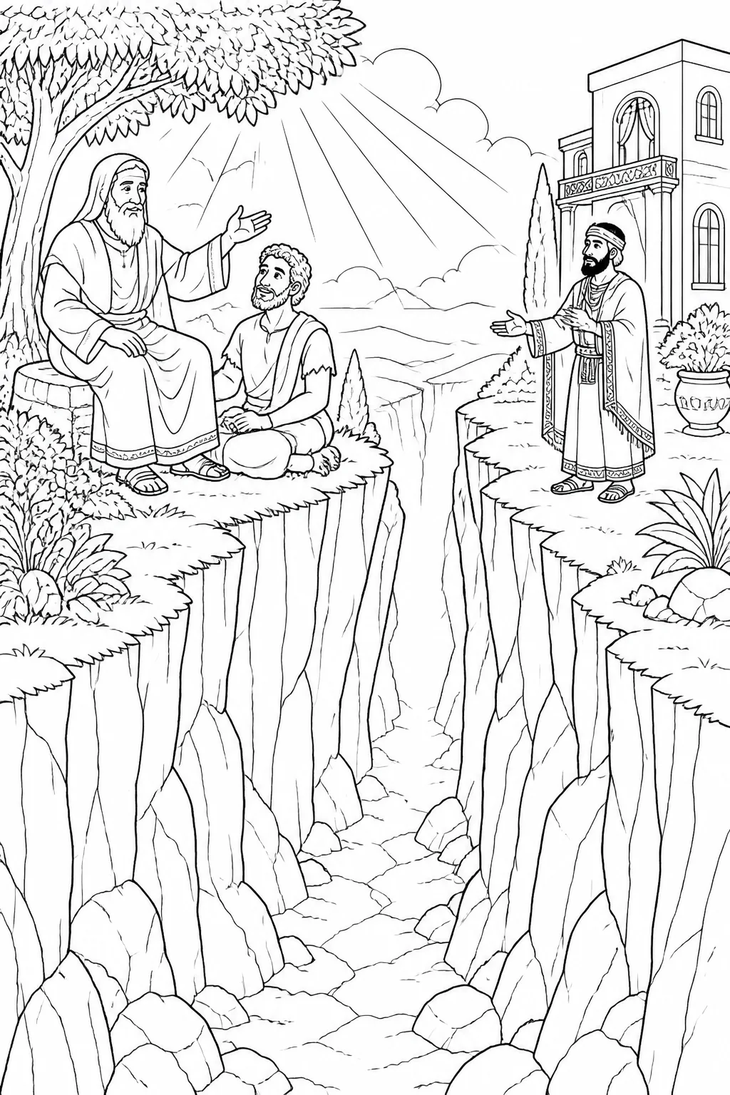 Symbolic illustration of Abraham and comforted Lazarus separated from the unnamed rich man by a broad, uncrossable chasm, based on Luke 16:25–26.