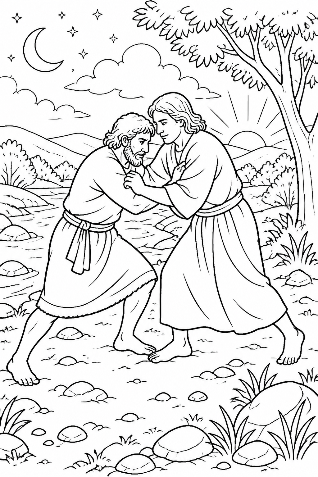 The Nightlong Struggle from Jacob Wrestles at Peniel Bible coloring page