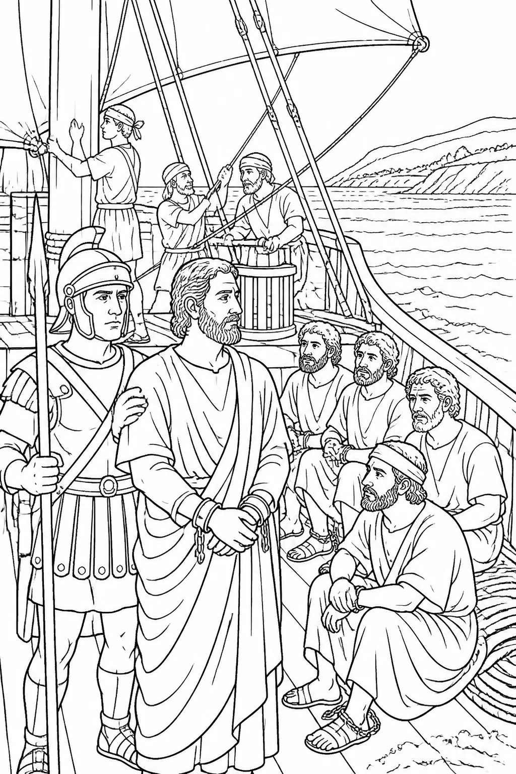 Paul travels toward Rome as a prisoner under Julius’s guard aboard a ship with other prisoners and crew, passing through difficult coastal waters toward Fair Havens.