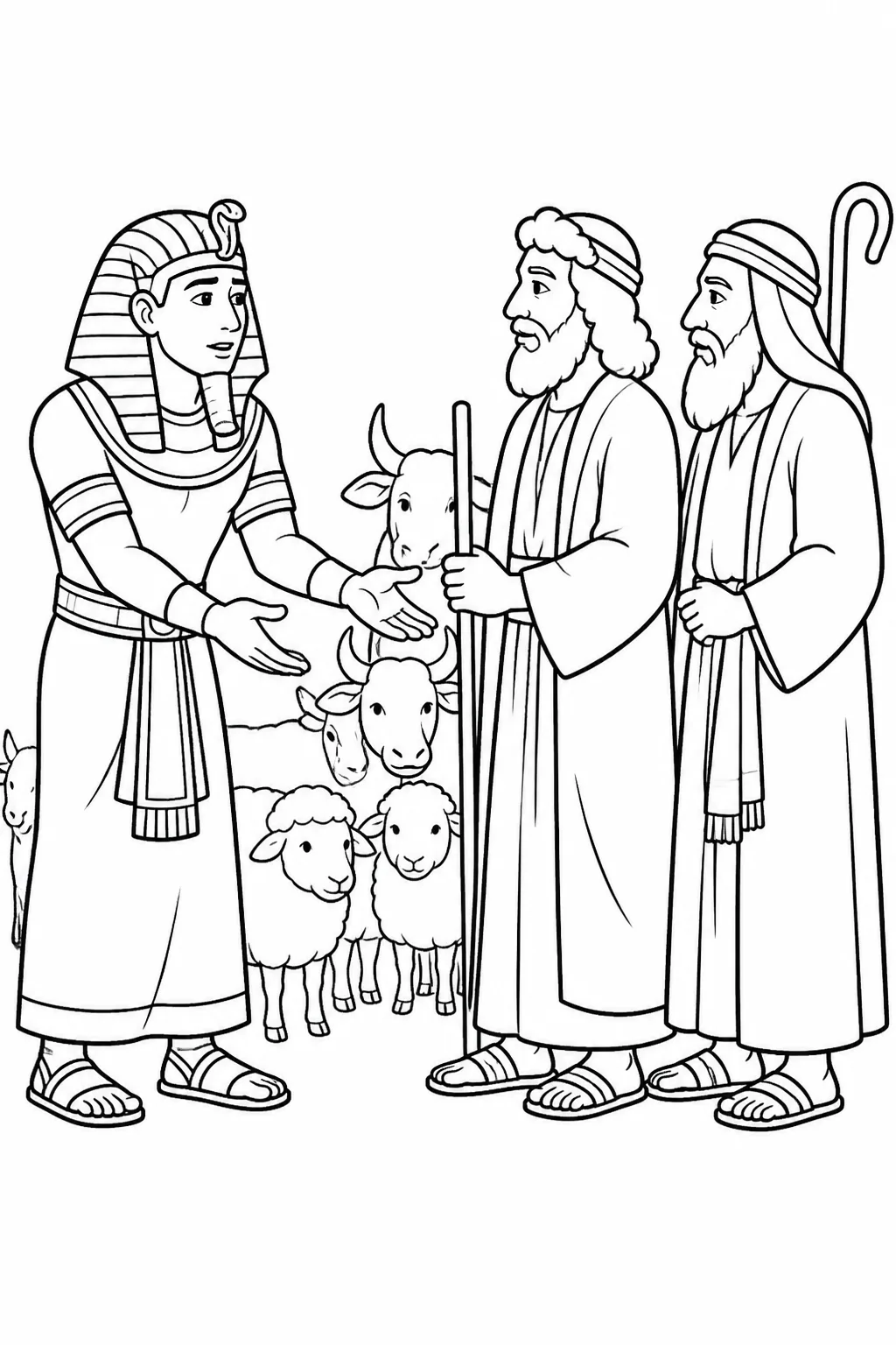 Pharaoh faces Moses and Aaron as he orders Israel to leave Egypt, worship the LORD, and take their flocks and herds, while asking for a blessing.