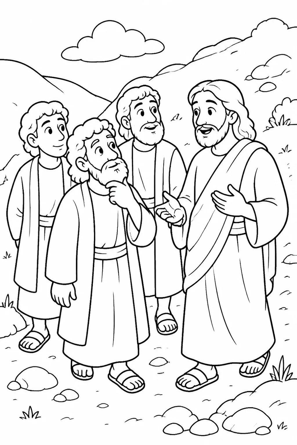 Jesus walking down a mountain with Peter, James, and John while explaining their question about Elijah.