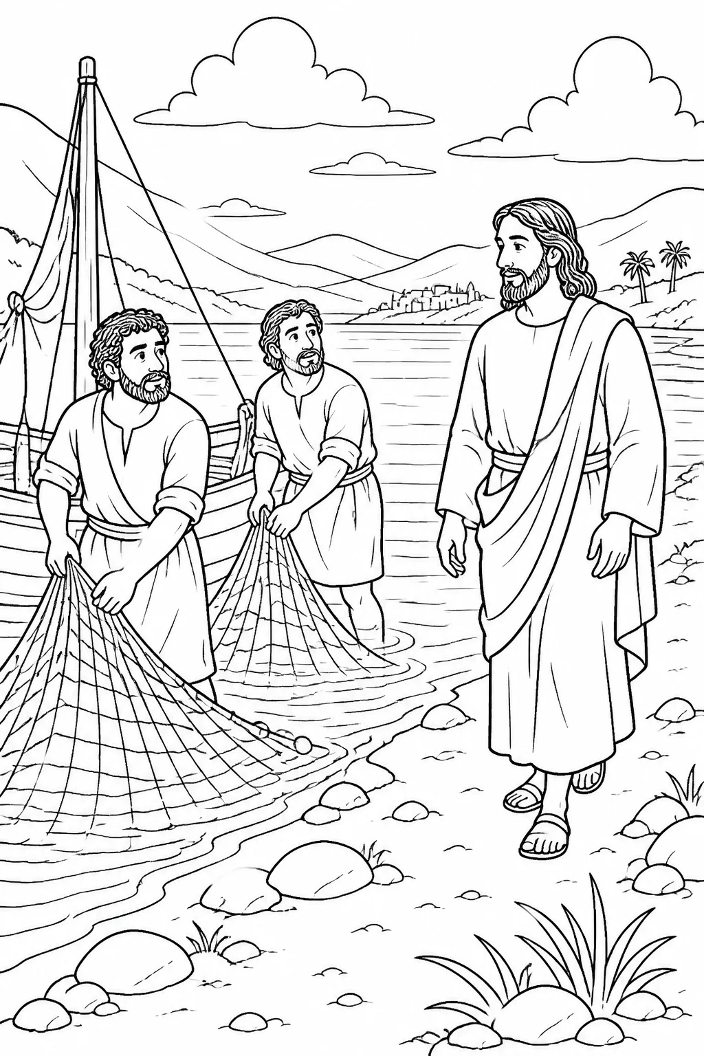 Jesus approaching Simon Peter and Andrew as they cast a fishing net beside the Sea of Galilee.