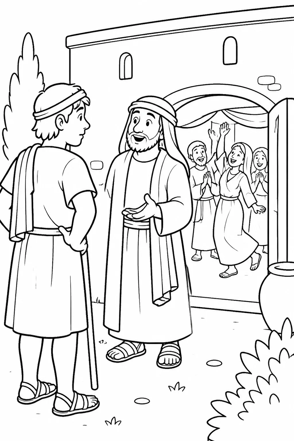 The older son approaches his father’s house from the field, hears music and dancing, and learns from a servant that his younger brother has returned safely and a celebration has begun.