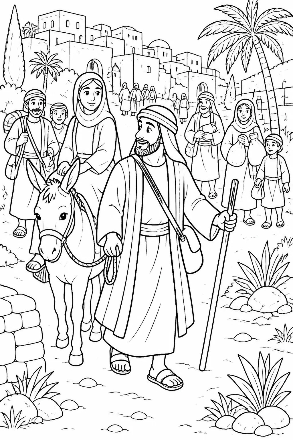 Joseph and other indistinct townspeople traveling to a town to register under the order of Caesar Augustus, with a simple record-keeping cue.