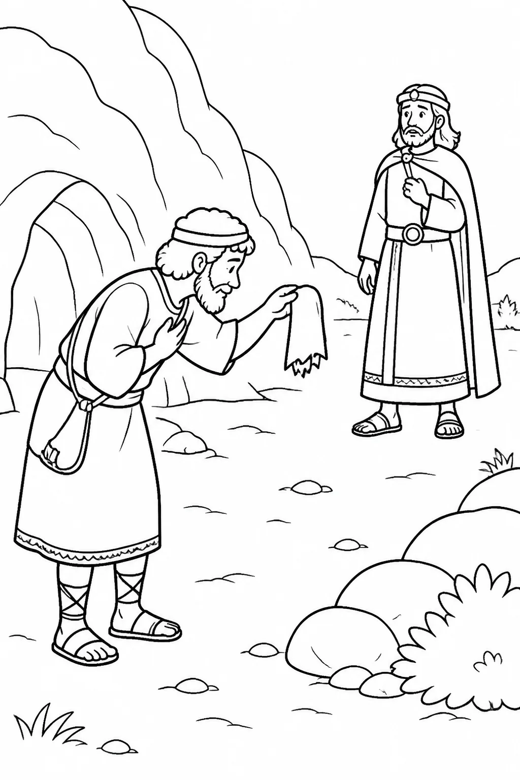 David bows outside a cave while holding the cut corner of Saul’s robe, with Saul standing at a distance as David explains that he did not seek Saul’s harm.