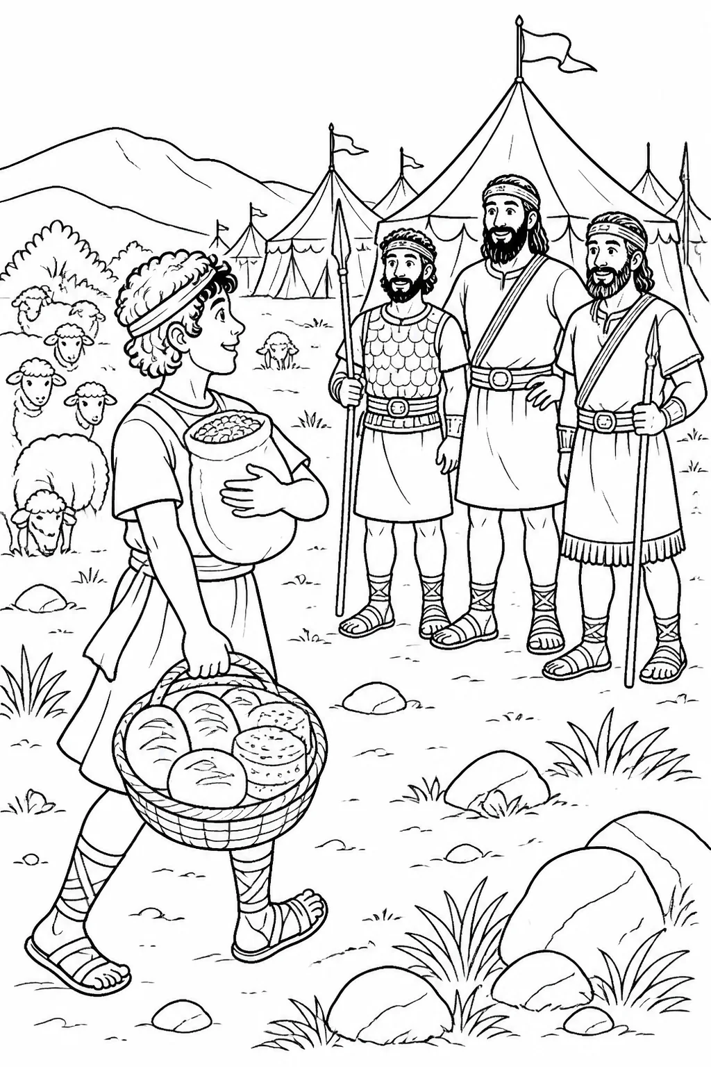 David carries grain, ten loaves of bread, and ten cheeses from Bethlehem to his three eldest brothers serving in Saul’s army while David’s sheep are nearby.