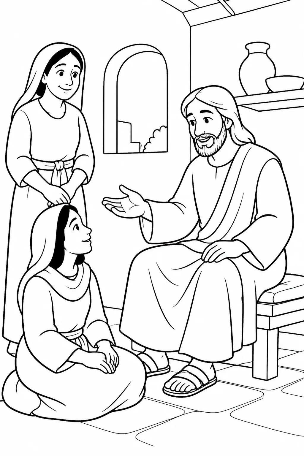 Mary sitting at Jesus’ feet in Martha’s home and listening attentively to Jesus’ teaching.