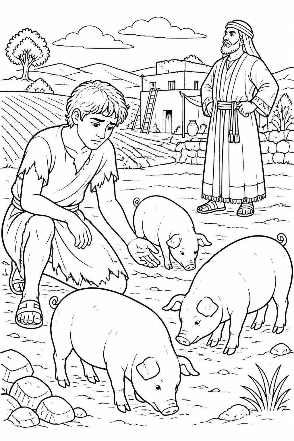 The younger son in a citizen’s fields feeding pigs during a severe famine, longing for food in a distant country.