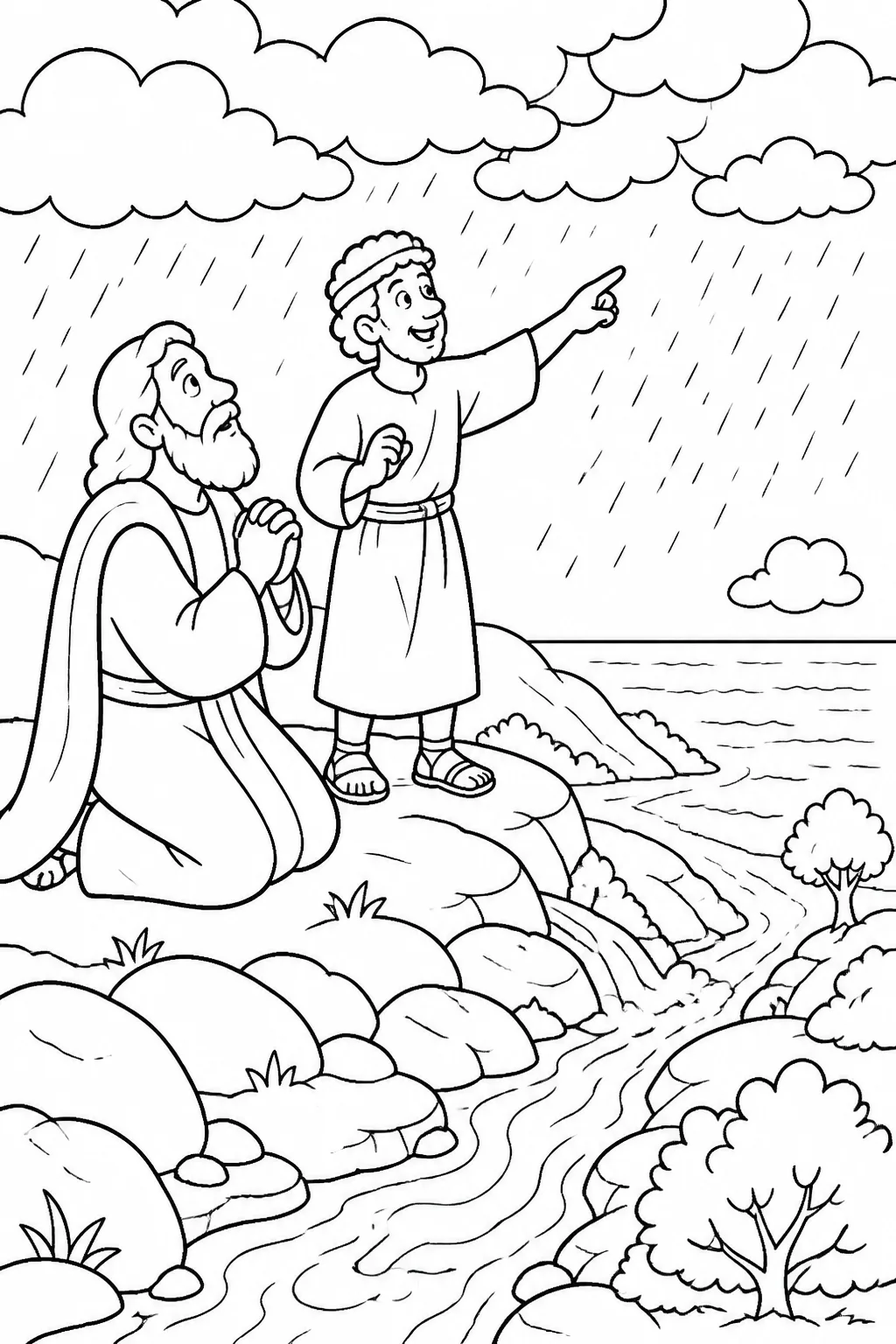 Elijah prays on Mount Carmel while his servant watches the sea for a small cloud before rain arrives.