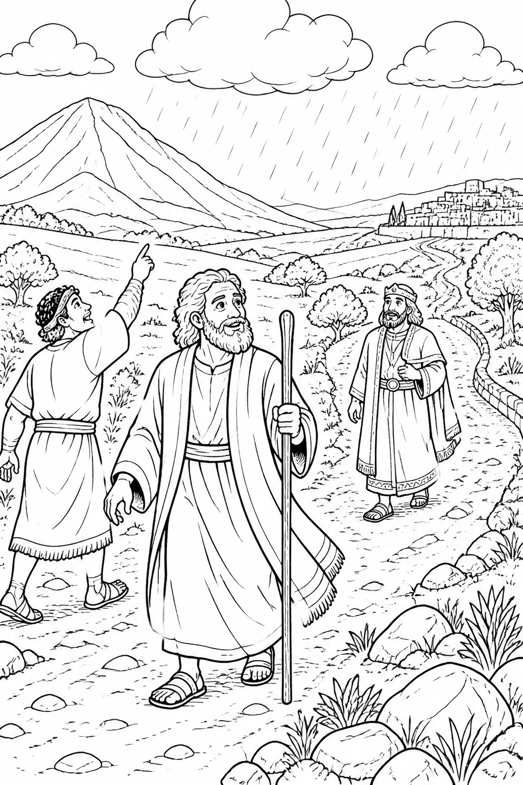 Elijah and his servant near Mount Carmel as a small cloud appears and rain returns, while Ahab travels toward Jezreel.