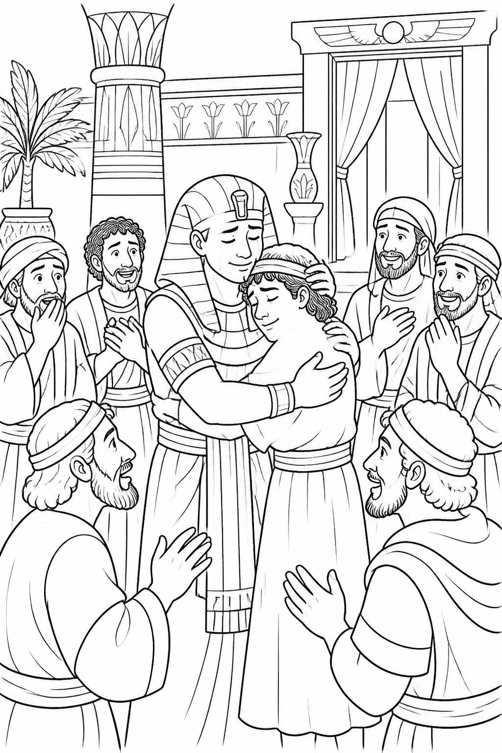 Joseph Welcomes Benjamin from Joseph Forgives His Brothers Bible coloring page