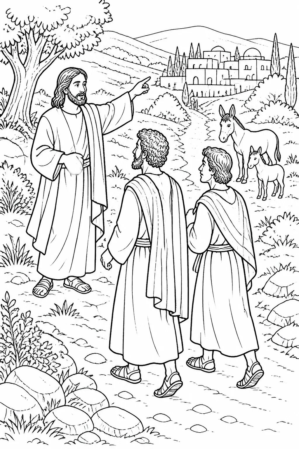 Jesus sending two unnamed disciples along a path toward a nearby village to bring a donkey and its colt near Bethphage and the Mount of Olives.