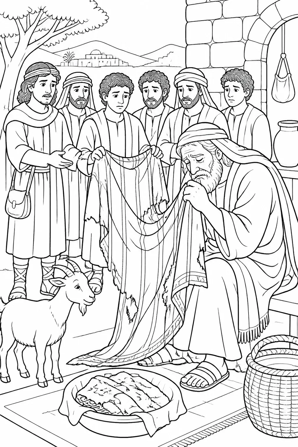 Jacob receives Joseph’s garment from his brothers and mourns, with a small goat nearby to represent the deception.