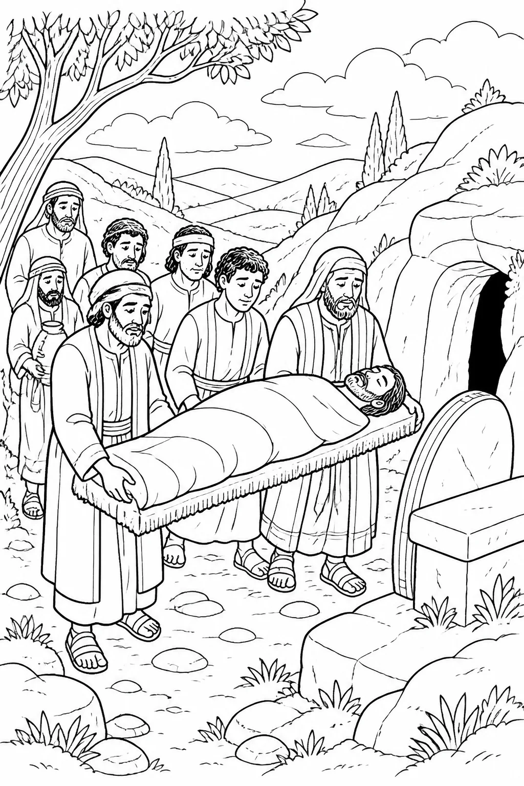 Samson’s brothers and his father’s household carry him toward the tomb of Manoah his father in a quiet landscape.