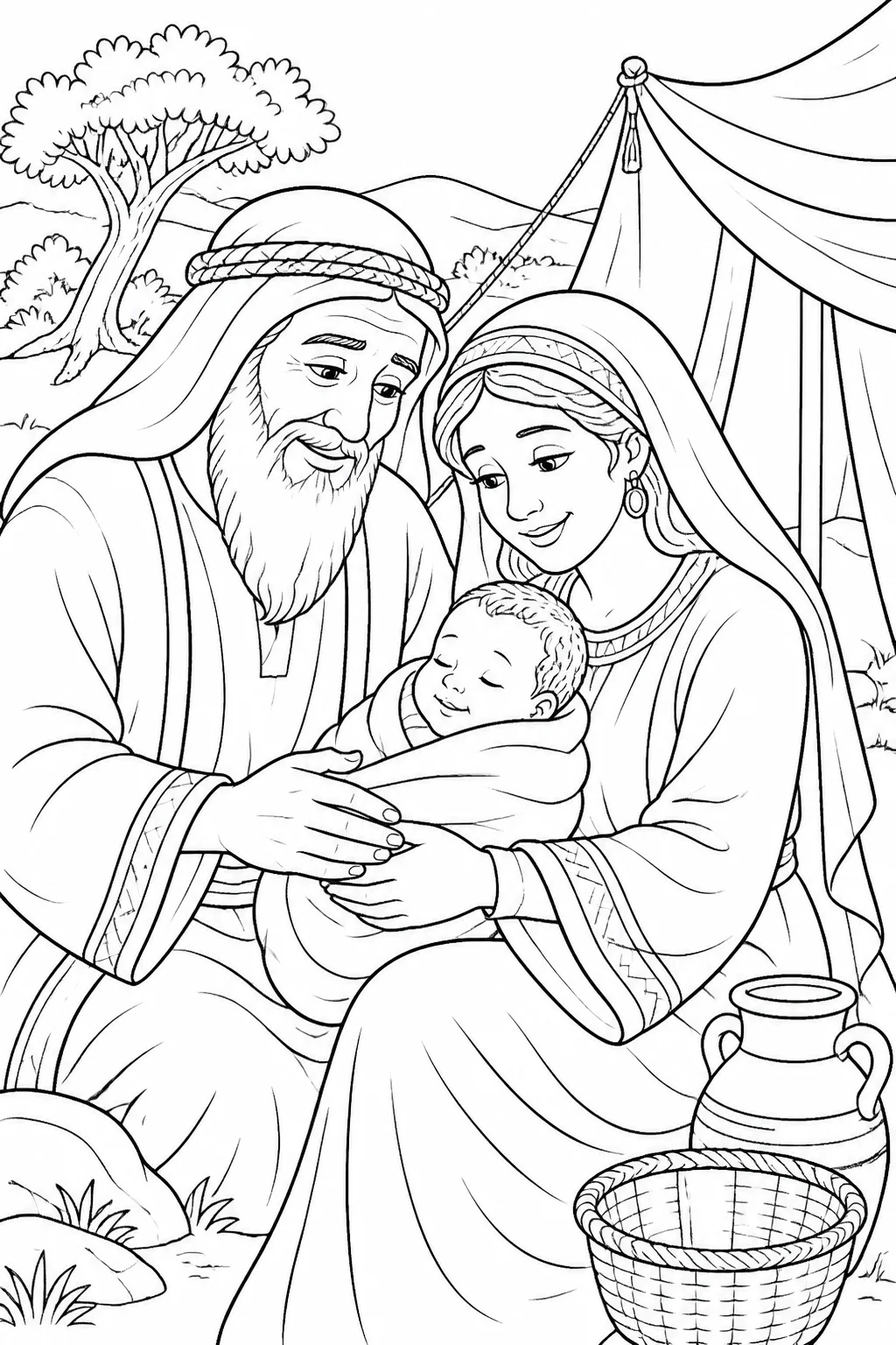 Abraham and Sarah look lovingly at their newborn son Isaac beside a simple marker reading “Isaac.”
