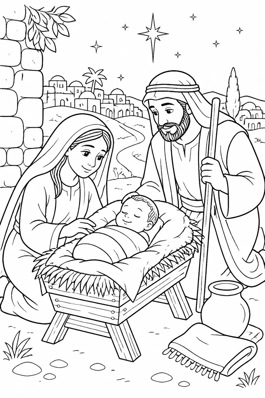 Child-friendly Bible illustration concept of Mary and Joseph with baby Jesus wrapped in cloths and lying in a manger in Bethlehem.