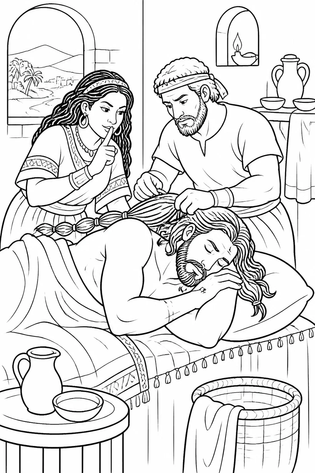 Samson asleep indoors while Delilah and a man shave his seven locks in the valley of Sorek, illustrating Judges 16:4–22.