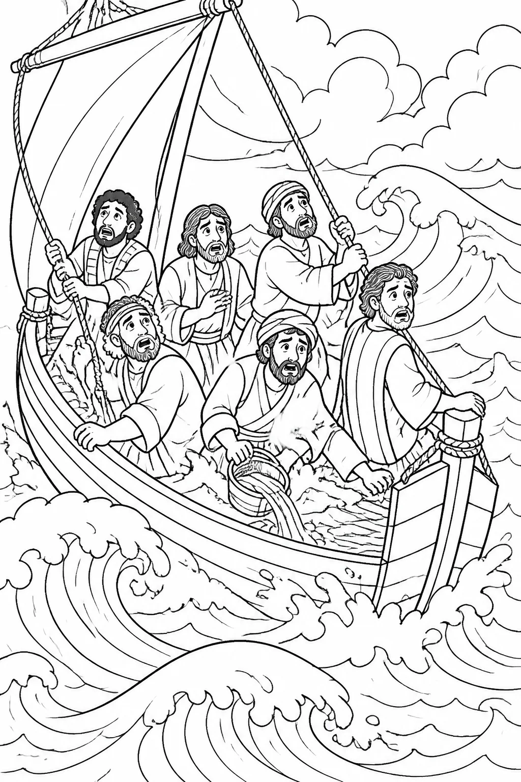 Several frightened disciples in a boat as wind and waves beat into it and water begins filling the boat.