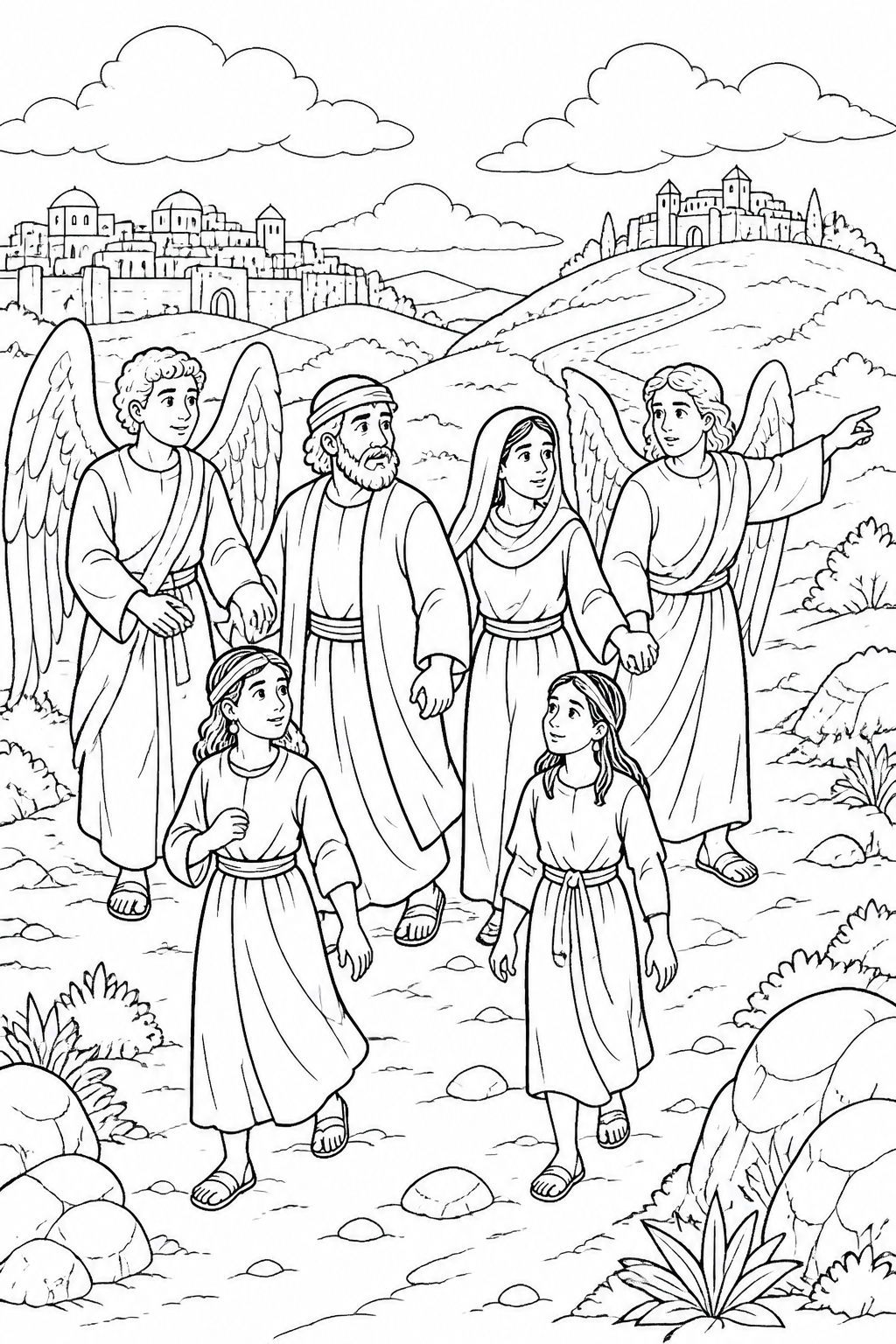 Led Out by the Angels from Lot Is Rescued Bible coloring page