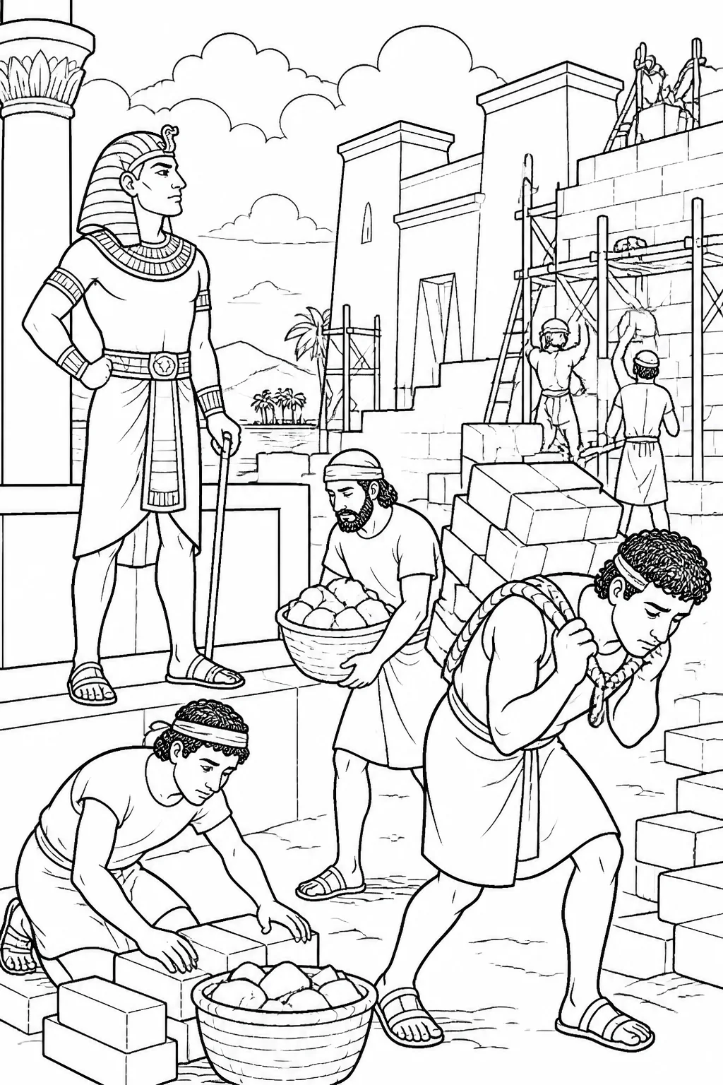 Israelite workers carry construction materials while laboring on the store cities Pithom and Raamses in Egypt as the new king watches from a distance.