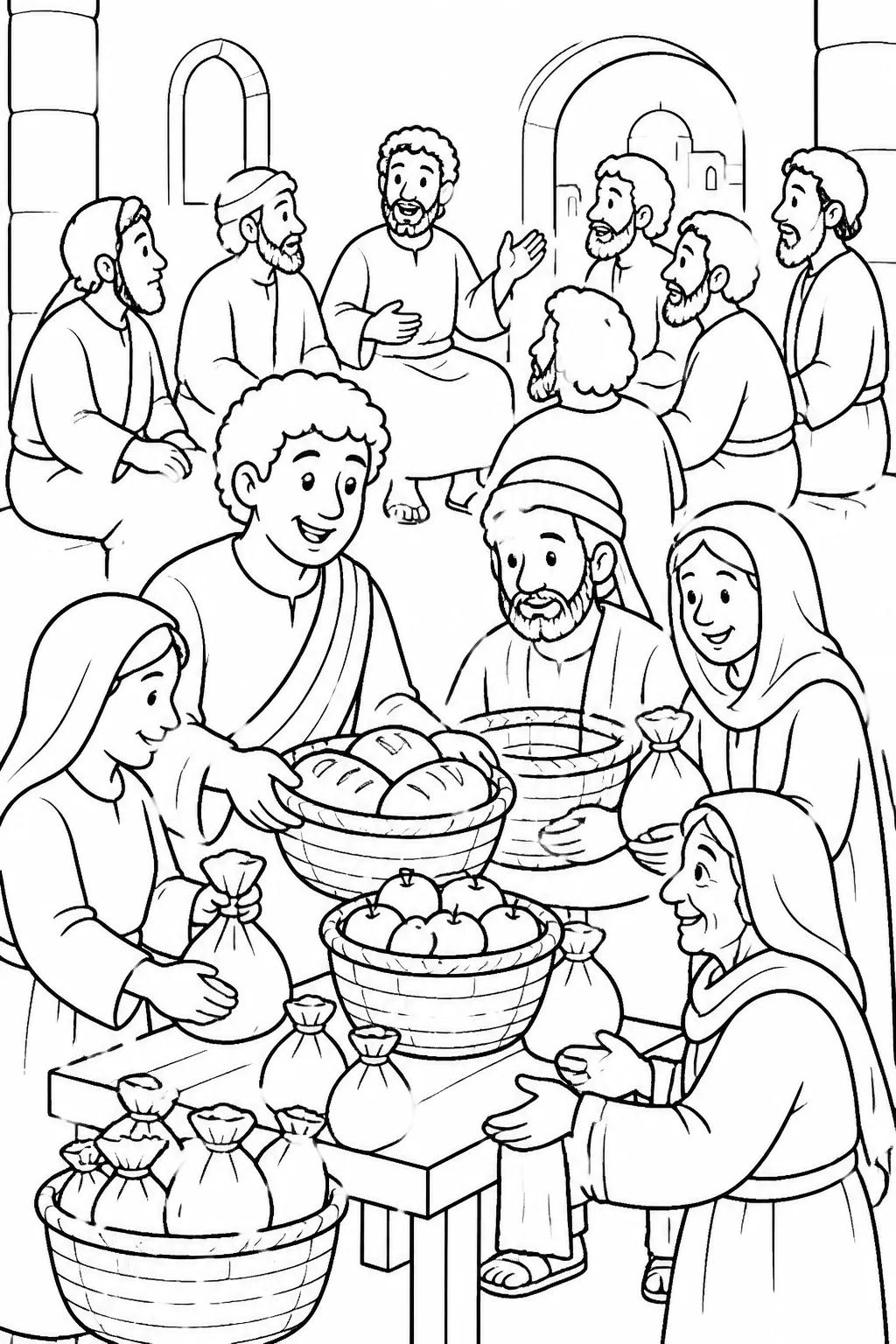 Stephen, the apostles, and disciples organize fair daily care for widows at tables with baskets of food in the Jerusalem church.
