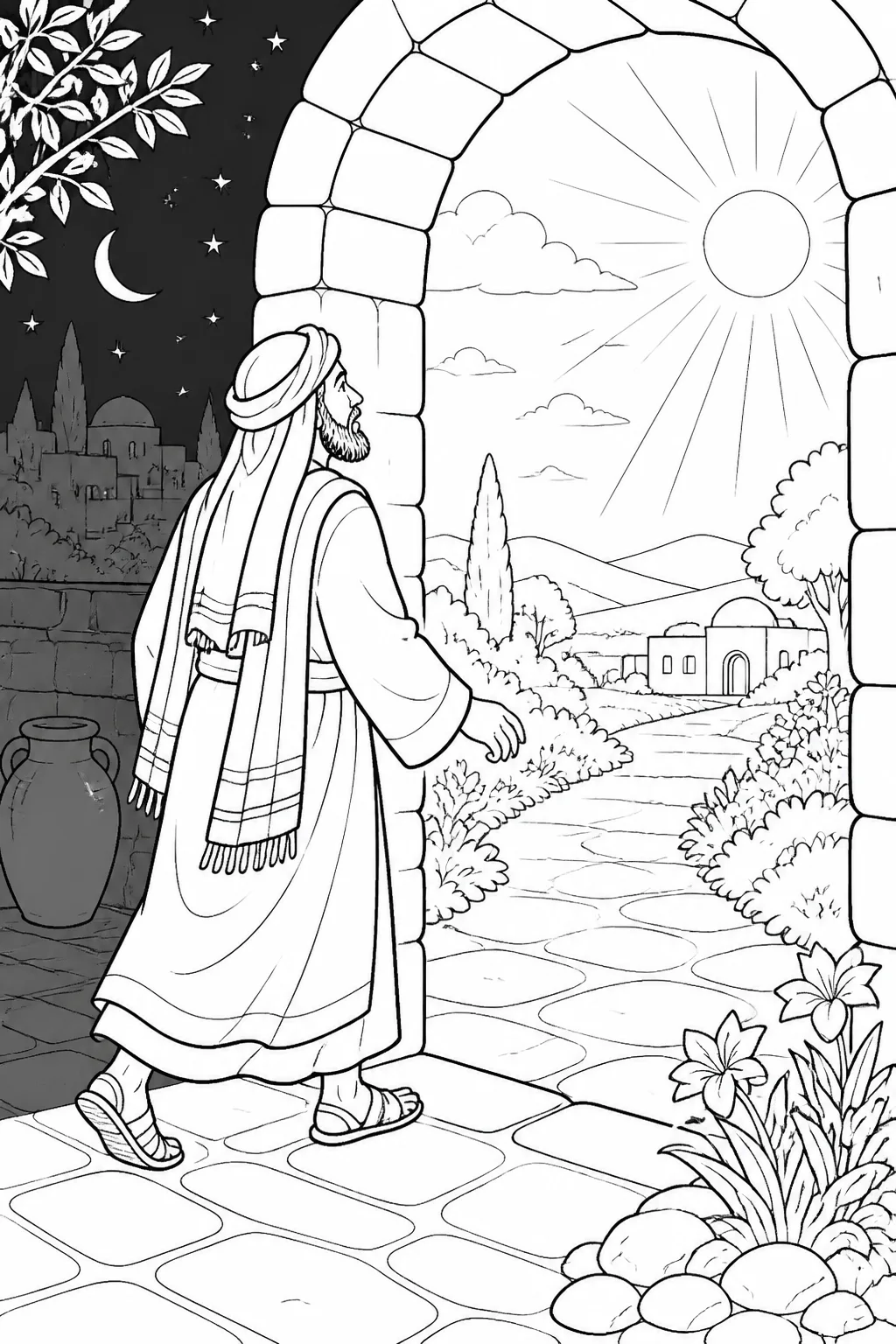 Symbolic illustration of a person coming toward a bright area, representing the teaching about light, darkness, truth, and God in John 3:19–21.