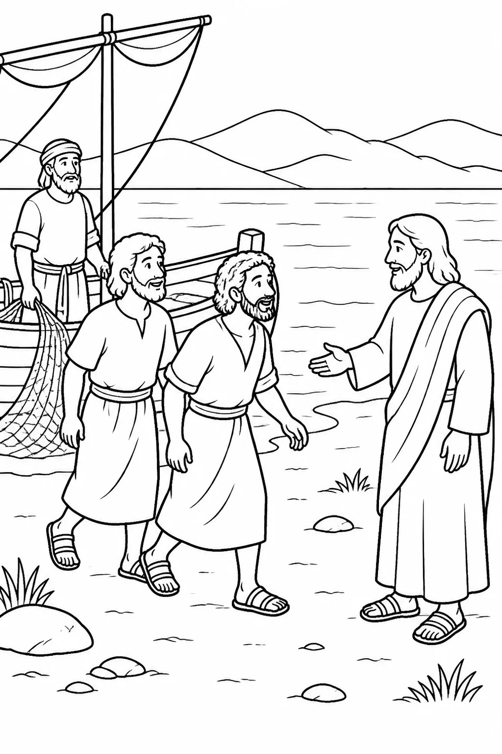 Jesus calls James and John to leave their boat and follow him while Zebedee remains by the boat at the Sea of Galilee.
