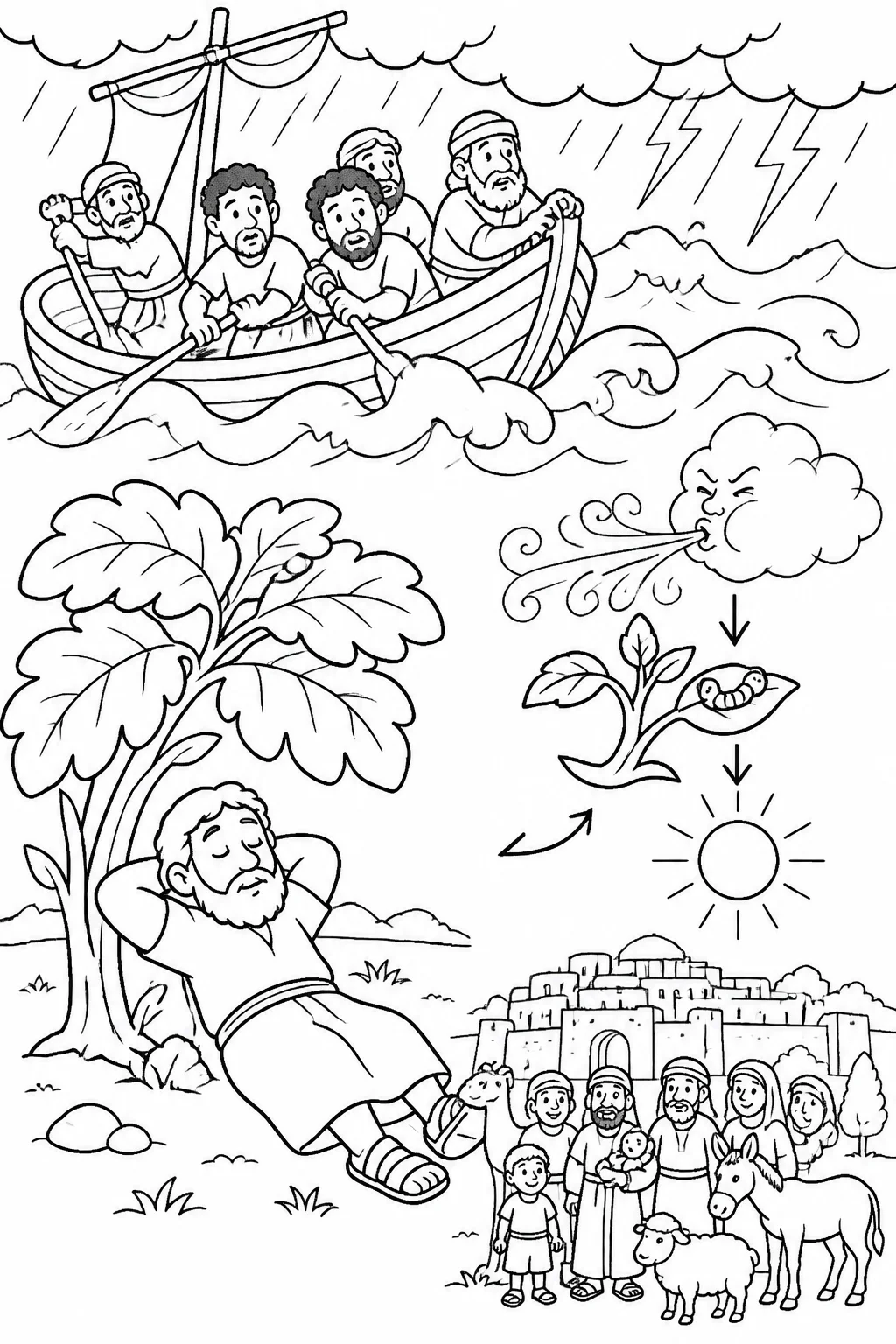 Jonah beneath a plant’s shade while a visual sequence shows the plant, worm, scorching east wind, and Nineveh with people and animals in the distance.