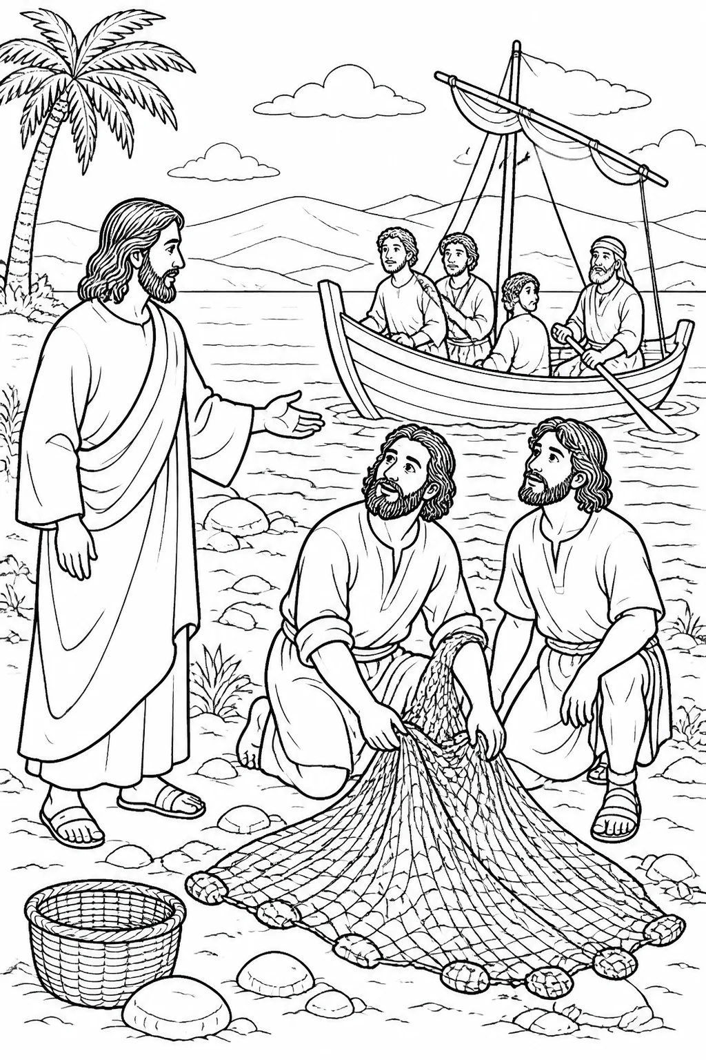 Jesus calls Simon Peter and Andrew beside a fishing net at the Sea of Galilee while James and John are in a boat with Zebedee.
