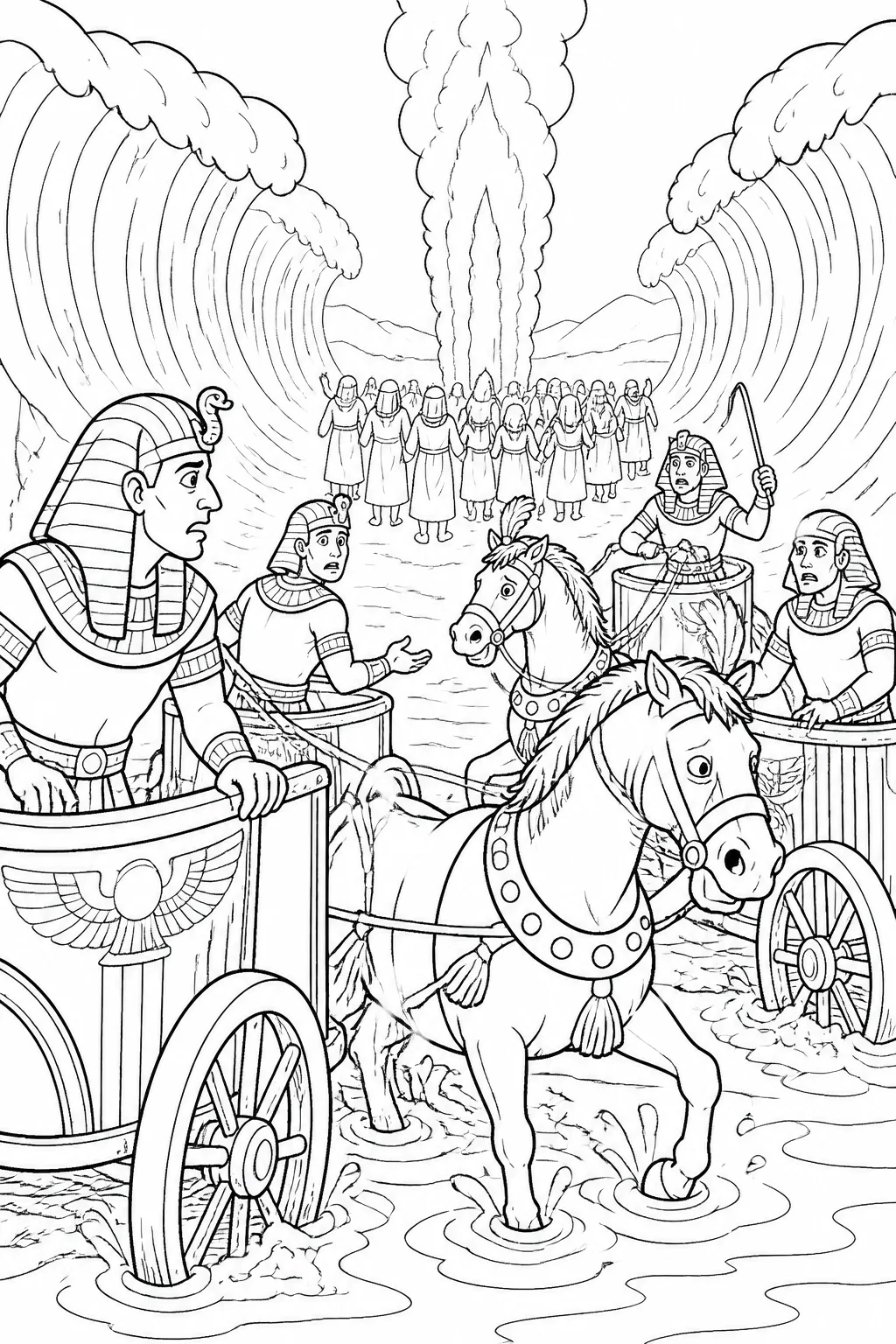 Pharaoh’s Egyptian horses, chariots, and horsemen pursue the Israelites inside the divided Red Sea, but the chariot wheels become clogged and difficult to move beneath the pillar of fire and cloud.
