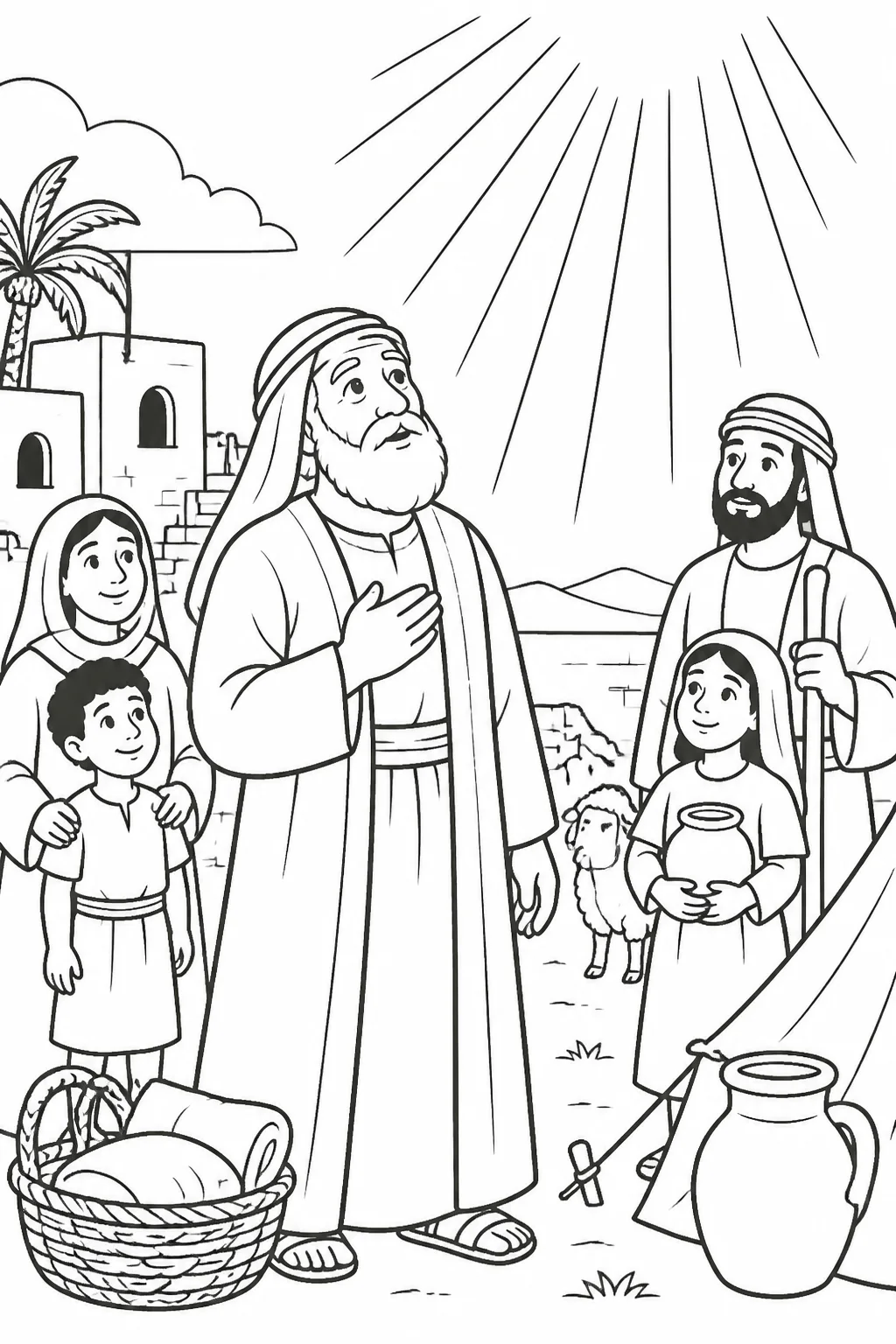 Abram listens near his homeland and household as a gentle radiant light represents the LORD’s presence and God’s call to leave familiar surroundings.