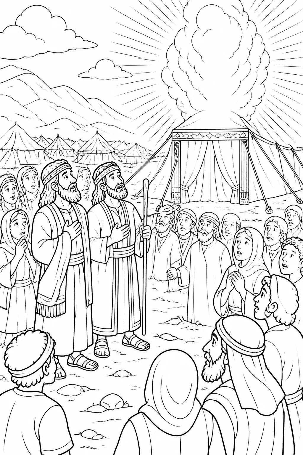 Joshua and Caleb near the tent of meeting as the Israelite community gathers and the radiant glory of the LORD appears at the tent.